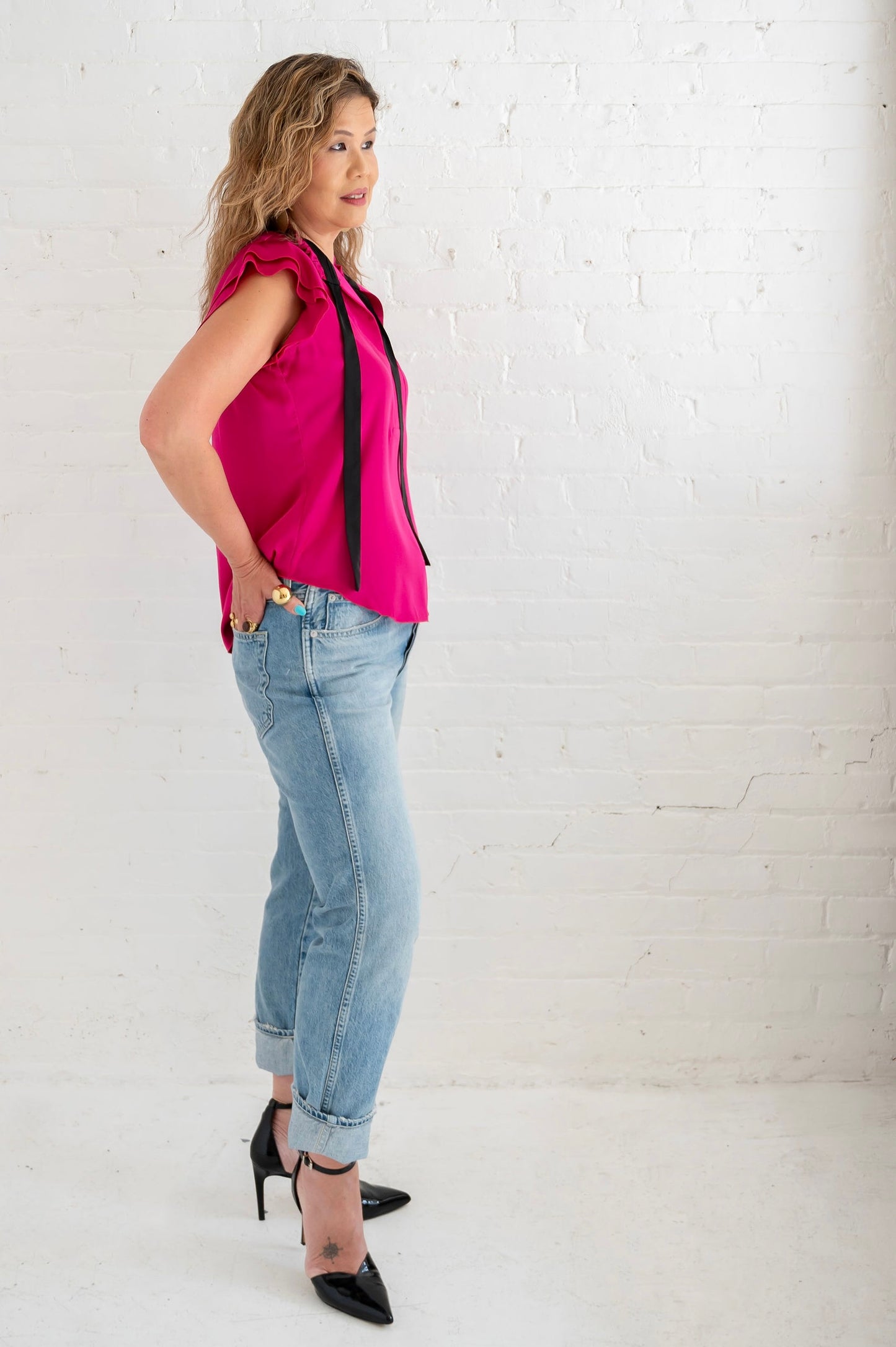 Hot Pink + Black Satin Tie Blouse