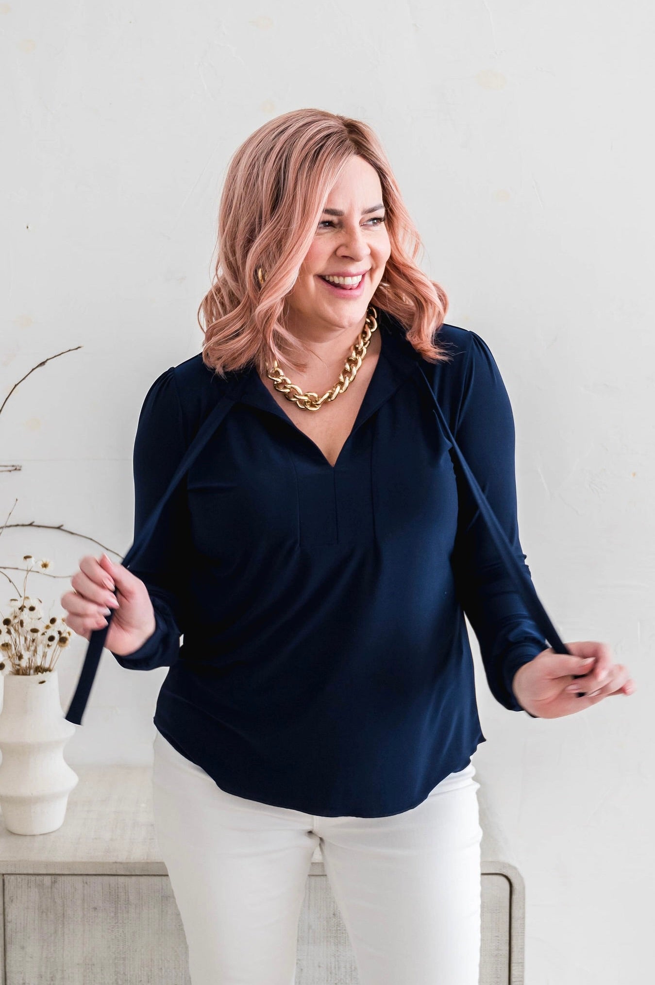 Navy Tie Blouse