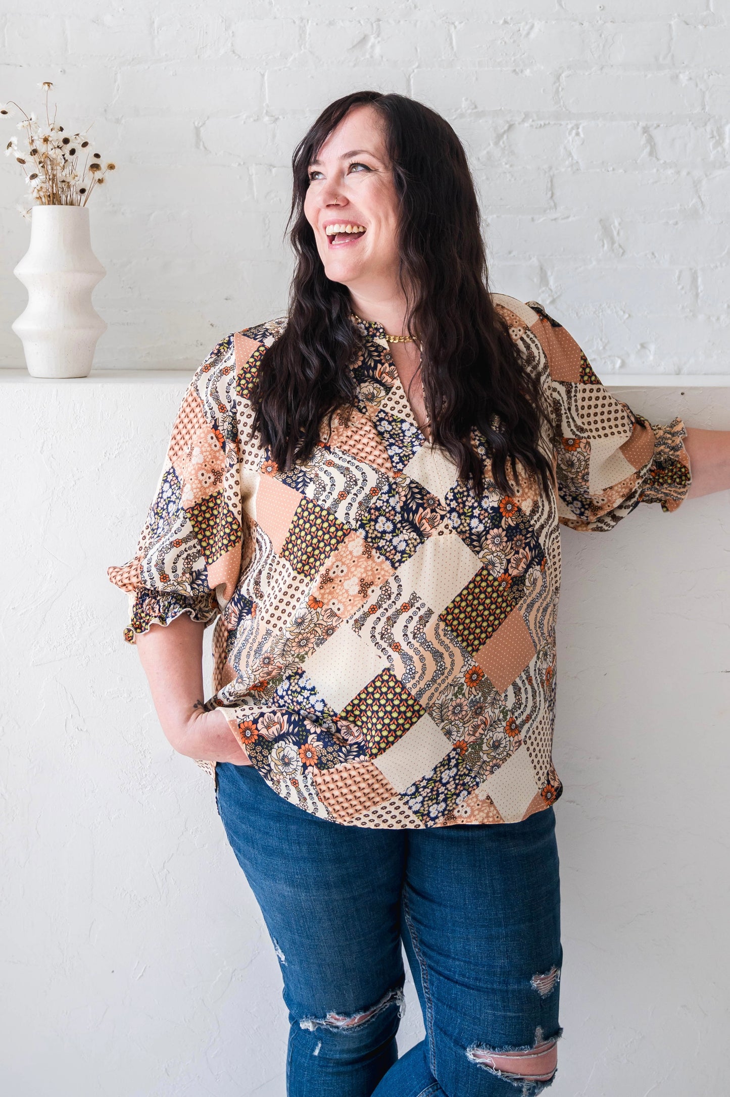 Tan + Navy Patchwork Blouse