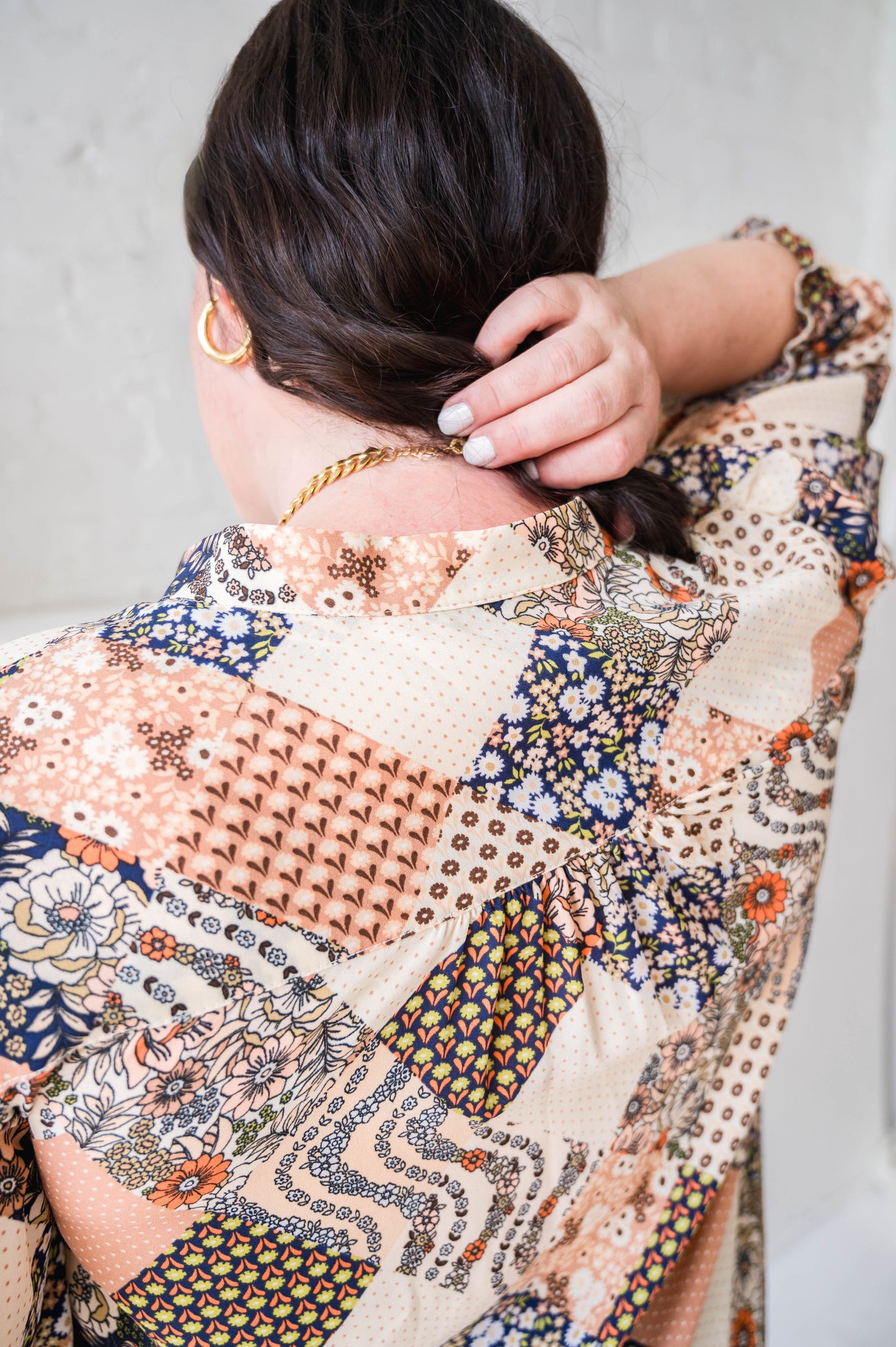 Tan + Navy Patchwork Blouse