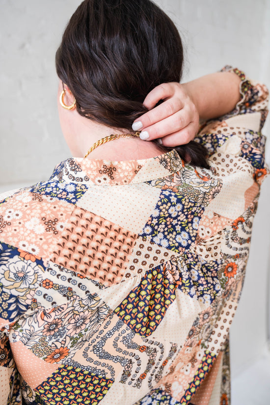 Tan + Navy Patchwork Blouse