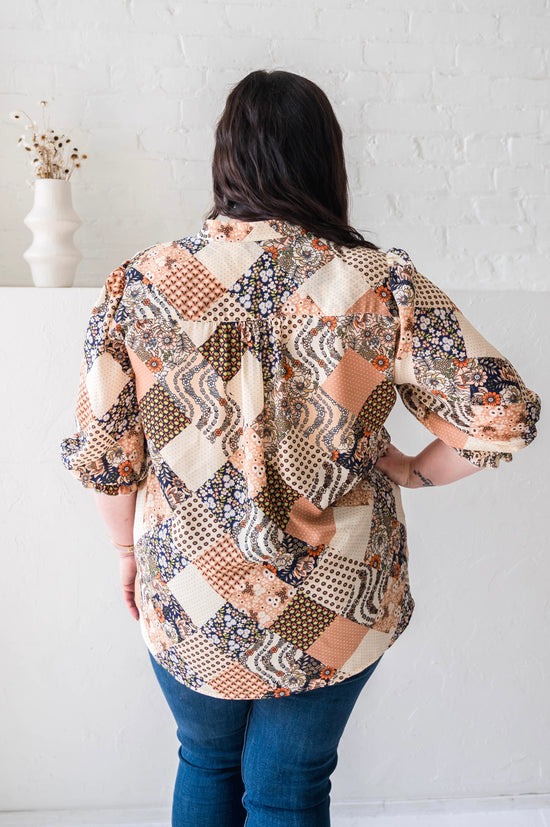 Tan + Navy Patchwork Blouse