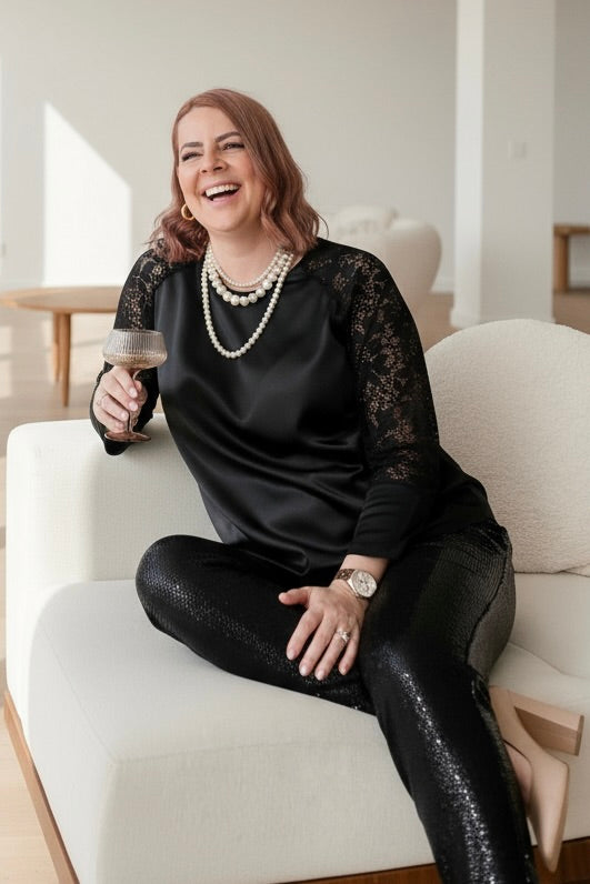 Black Satin + Lace Blouse