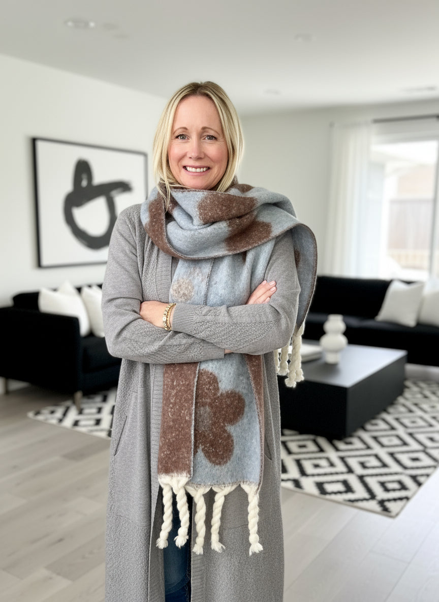 Chocolate + Powder Blue Luxury Fringe Scarf