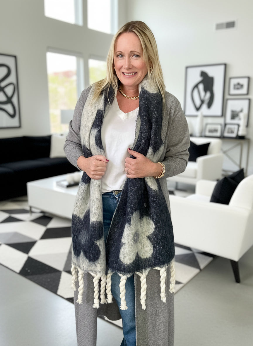 Navy + Grey Luxury Fringe Scarf