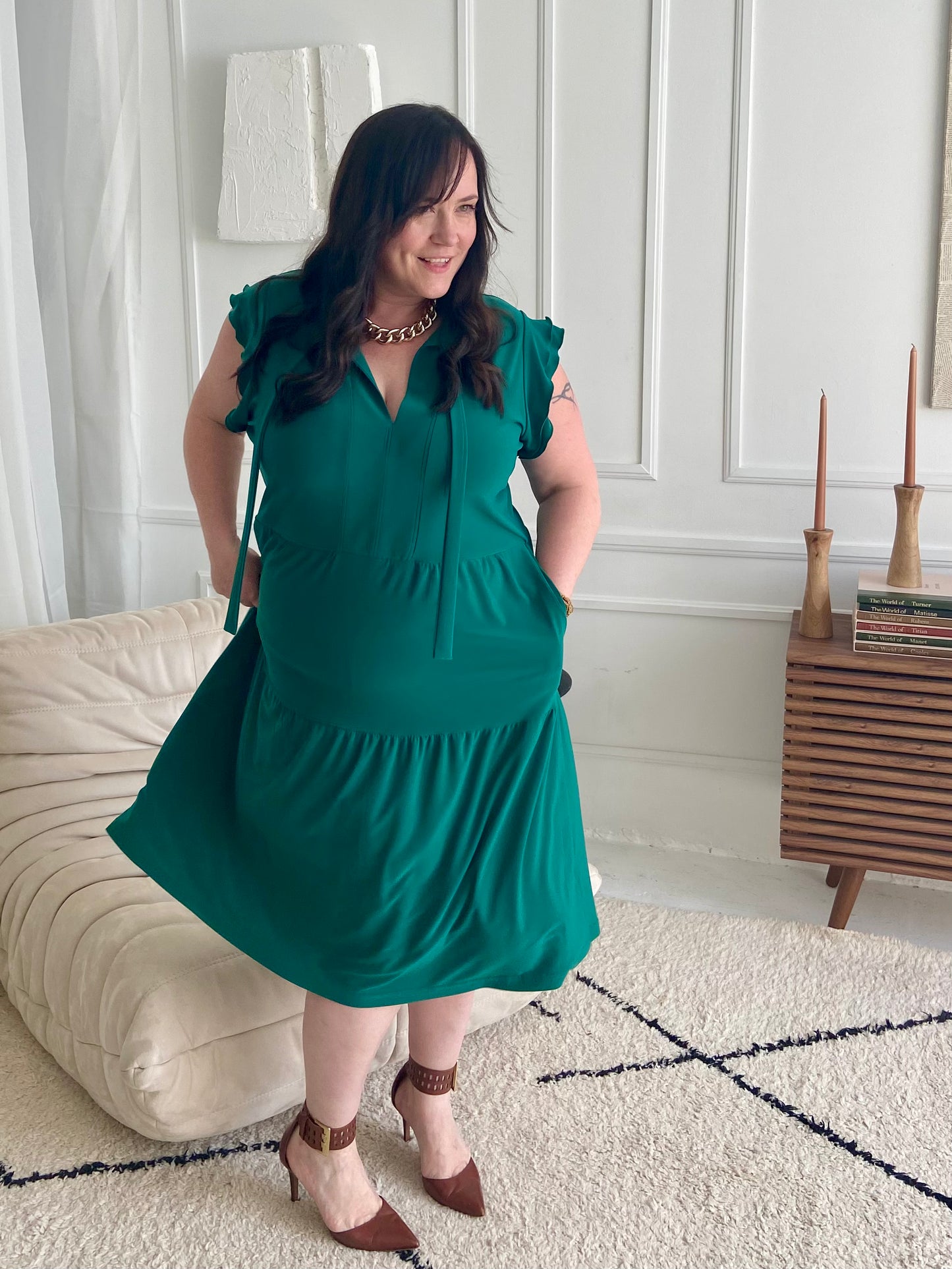 Green Ruffle Sleeve Tie Dress