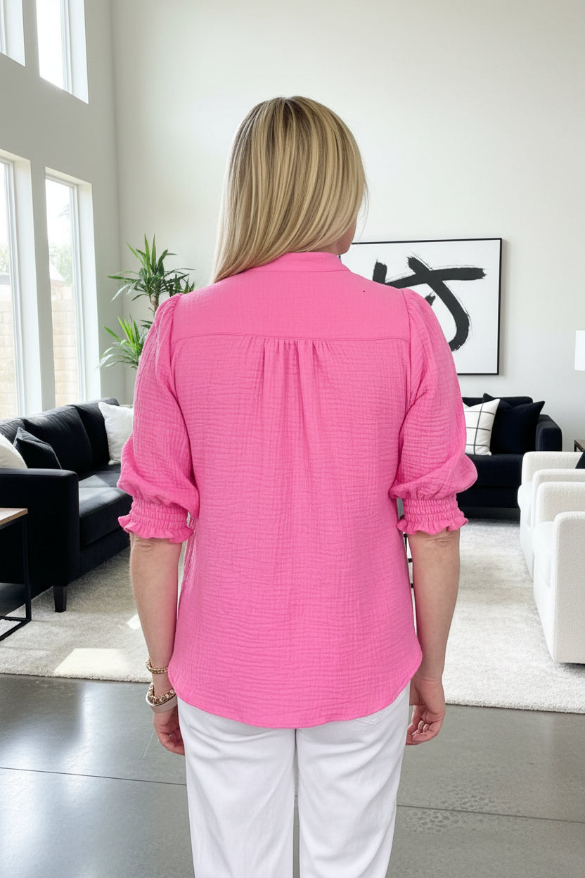 Pink Smocked Sleeve Blouse