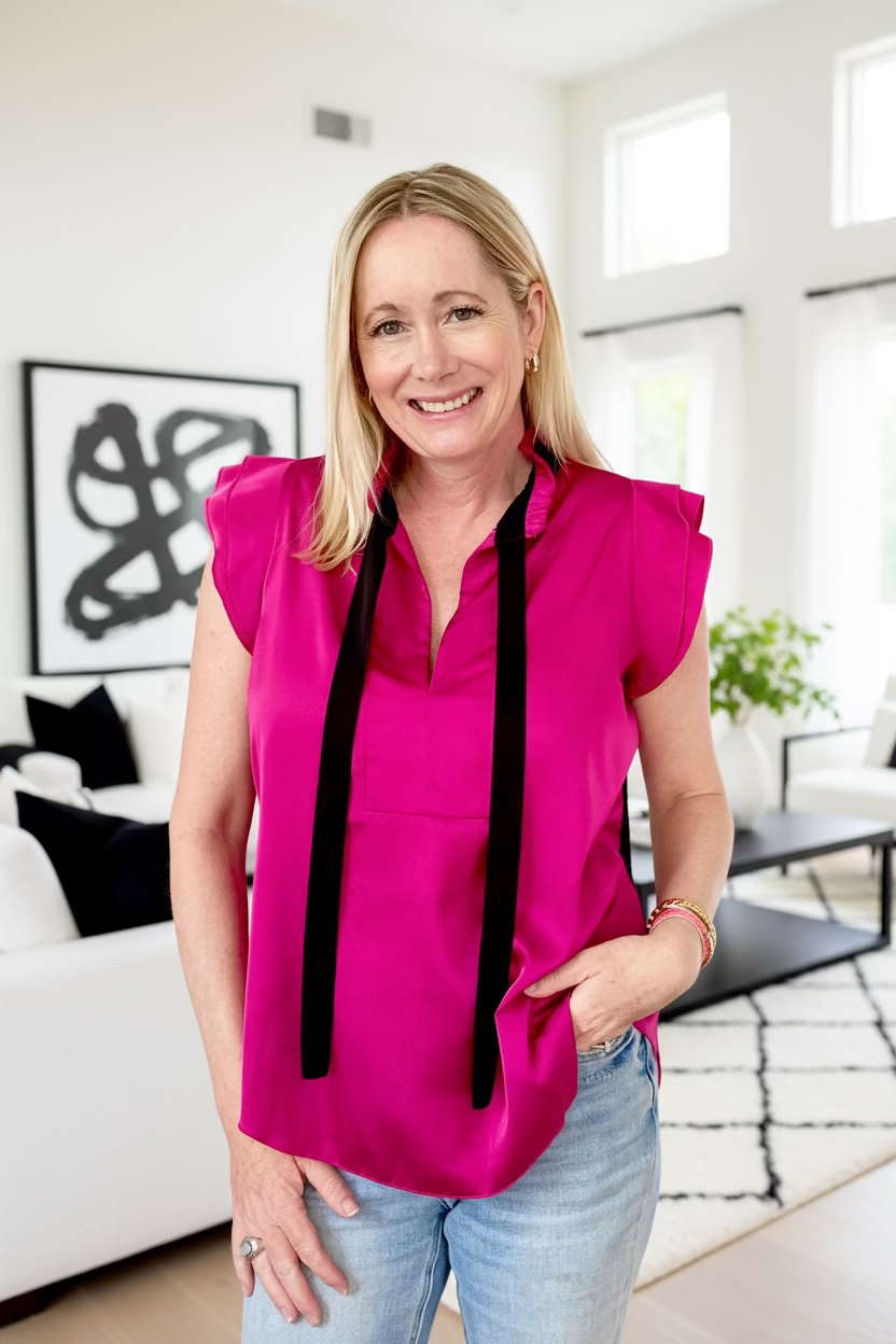 Hot pink + Black Satin Tie Blouse