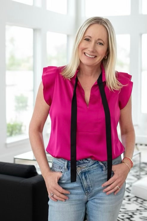 Hot pink + Black Satin Tie Blouse
