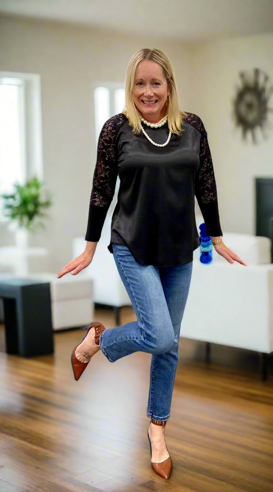 Load image into Gallery viewer, Black Satin + Lace Blouse
