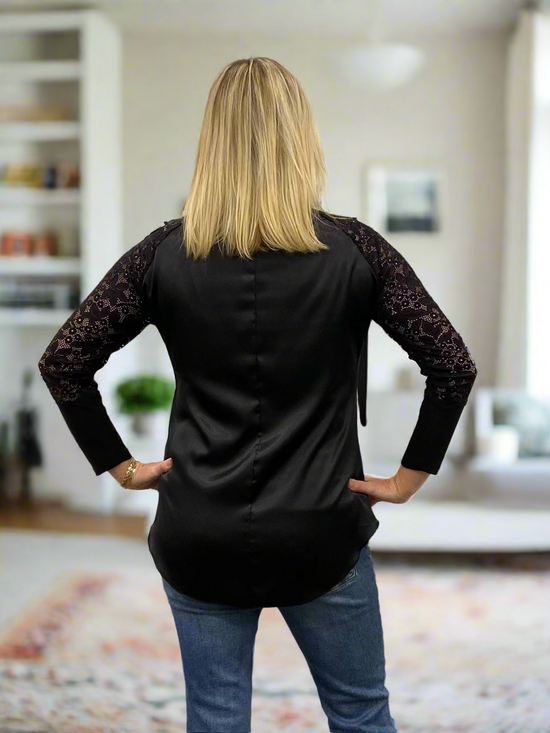Load image into Gallery viewer, Black Satin + Lace Blouse
