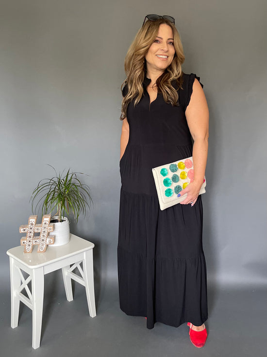 Ruffle Collar Black Maxi Dress