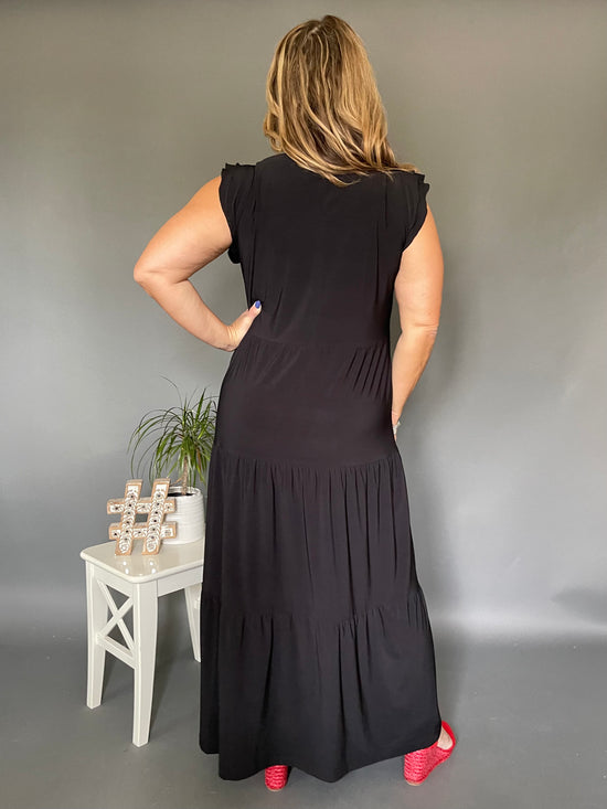 Load image into Gallery viewer, Ruffle Collar Black Maxi Dress
