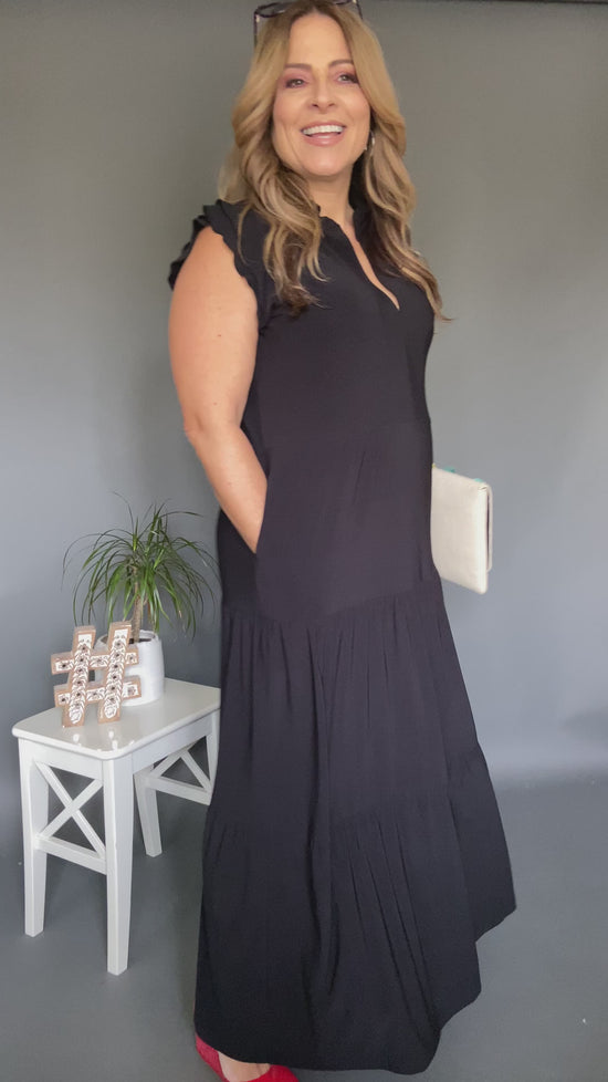 Load and play video in Gallery viewer, Ruffle Collar Black Maxi Dress
