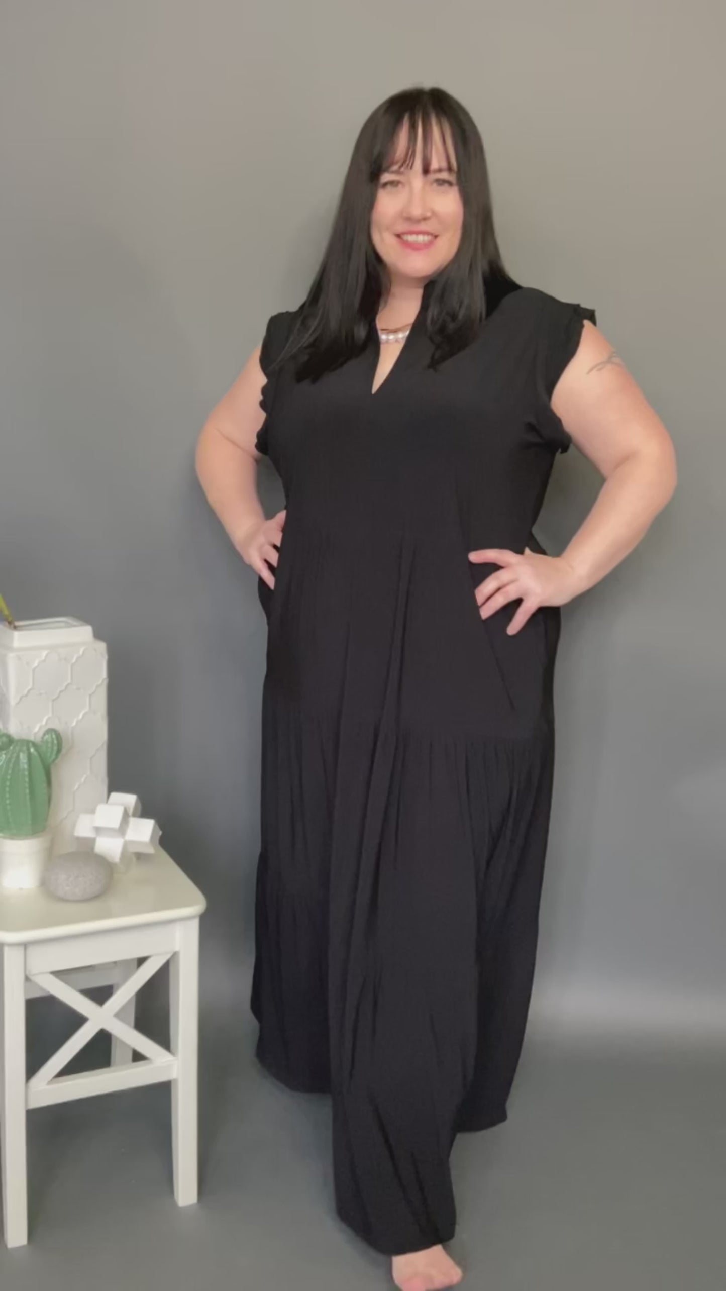 Load and play video in Gallery viewer, Ruffle Collar Black Maxi Dress
