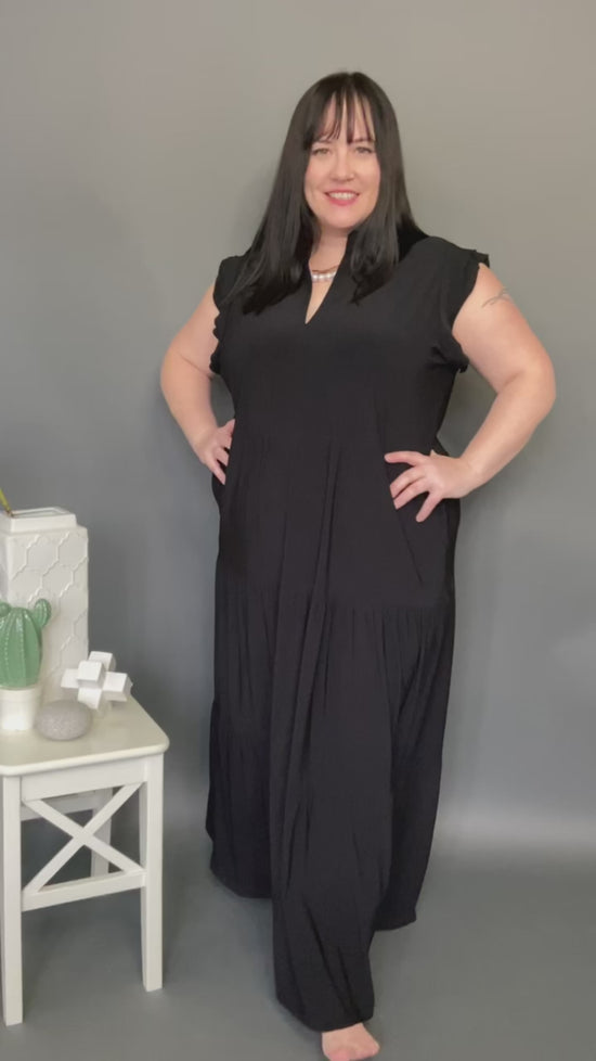 Load and play video in Gallery viewer, Ruffle Collar Black Maxi Dress
