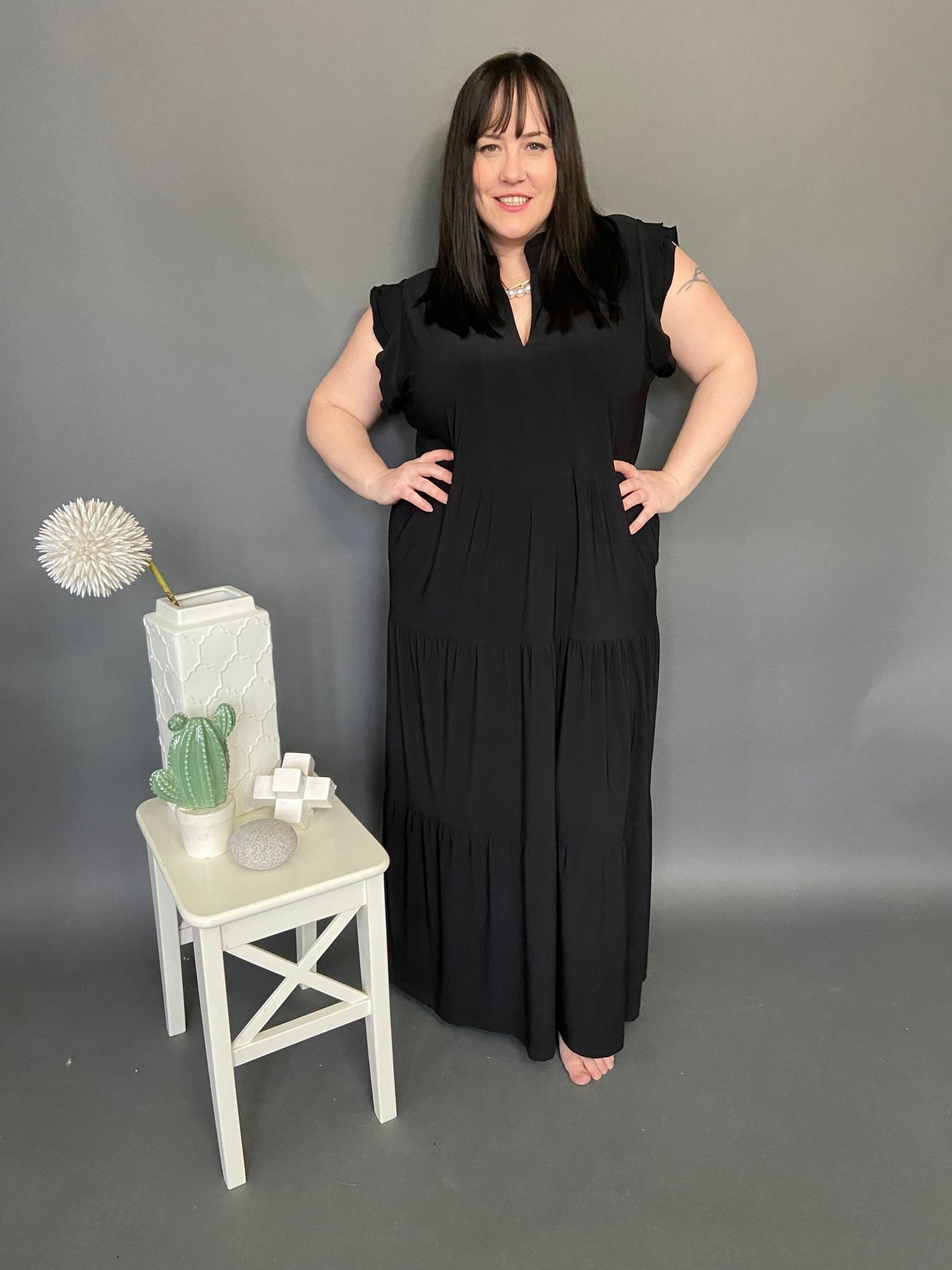 Ruffle Collar Black Maxi Dress - Dotty