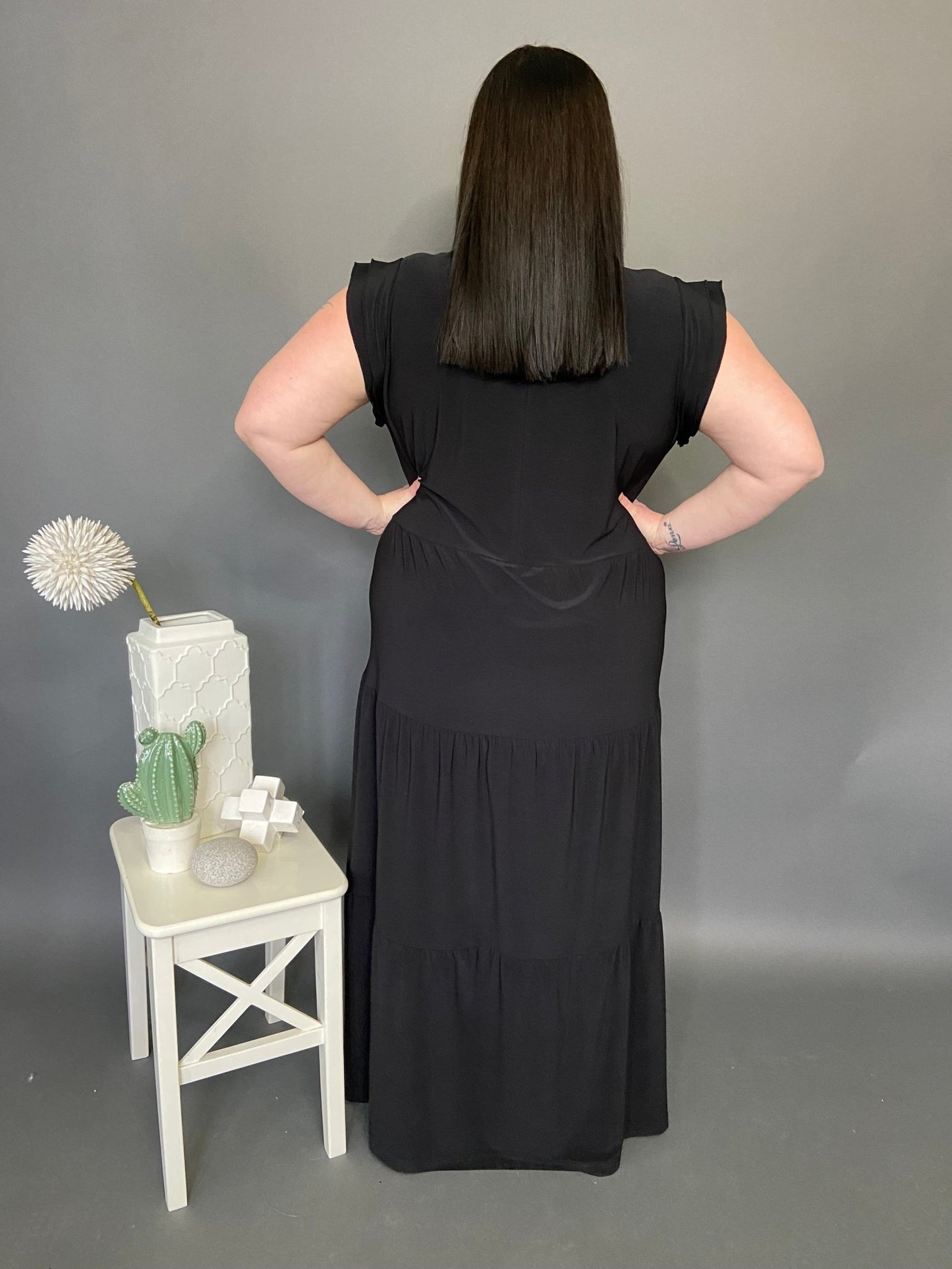 Load image into Gallery viewer, Ruffle Collar Black Maxi Dress - Dotty
